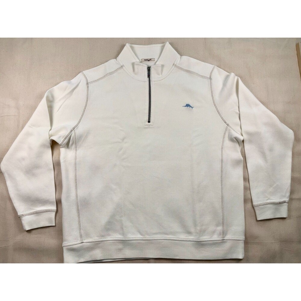 Tommy Bahama Relax Mens 2XL Quarter Zip Pullover Sweatshirt Cream Long Sleeve